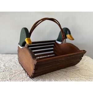 Vintage Wood Mallard Duck Basket With Handle | Duck Lover Gift | Duck Head Rack